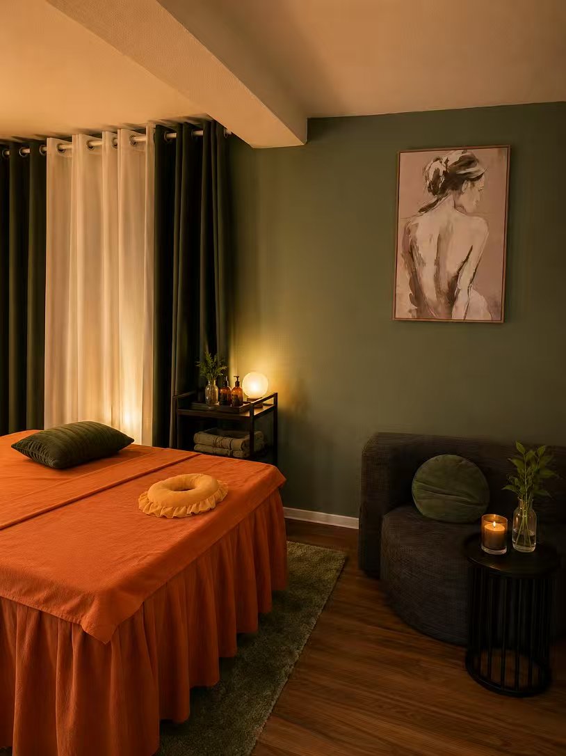 Behandlungsraum mit begrünter Wand und Tageslicht im Massage Oase Studio