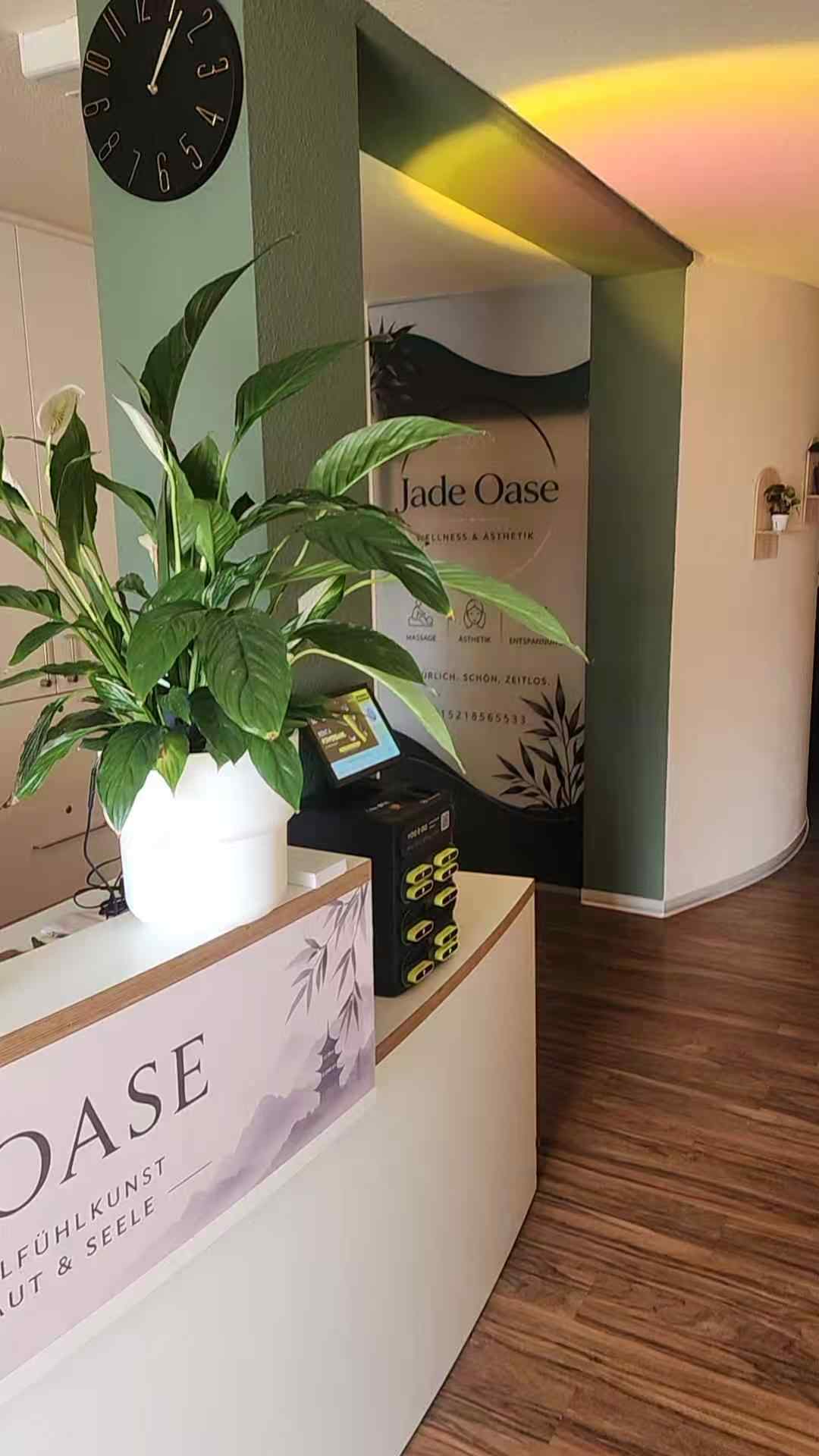 Empfangstresen mit Grünpflanze und Jade Oase Banner „Wellness & Ästhetik“